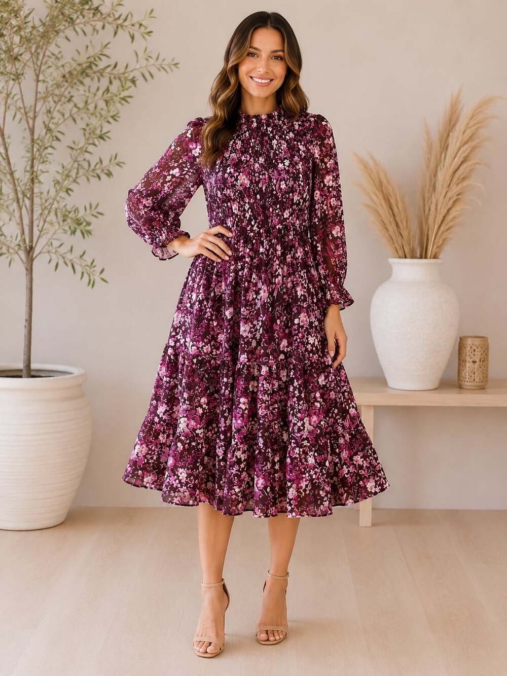 Polagram Floral Smocked Tiered Mini Dress Size S Burgundy Long Sleeve Boho